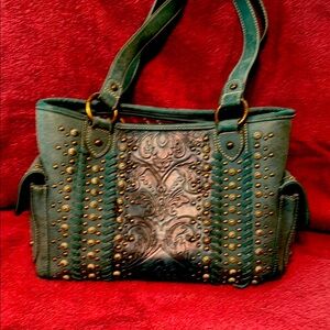 Green Shoulder Bag with Studded Details and Metallic Accents